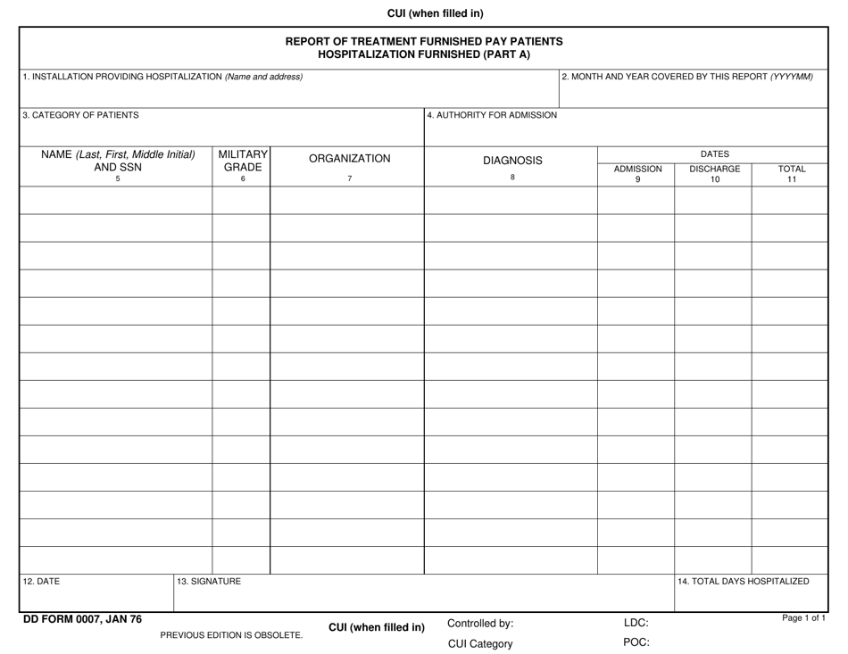 DD Form 0007 Part A Report of Treatment Furnished Pay Patients Hospitalization Furnished, Page 1