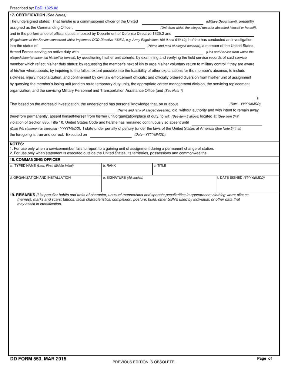 DD Form 553 Deserter / Absentee Wanted by the Armed Forces, Page 2