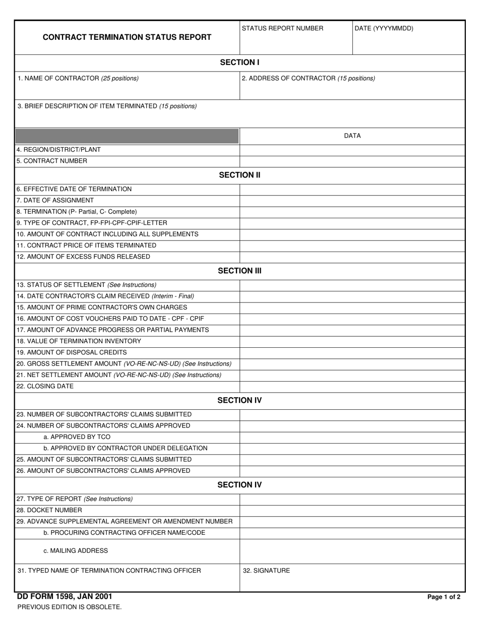 DD Form 1598 Contract Termination Status Report, Page 1