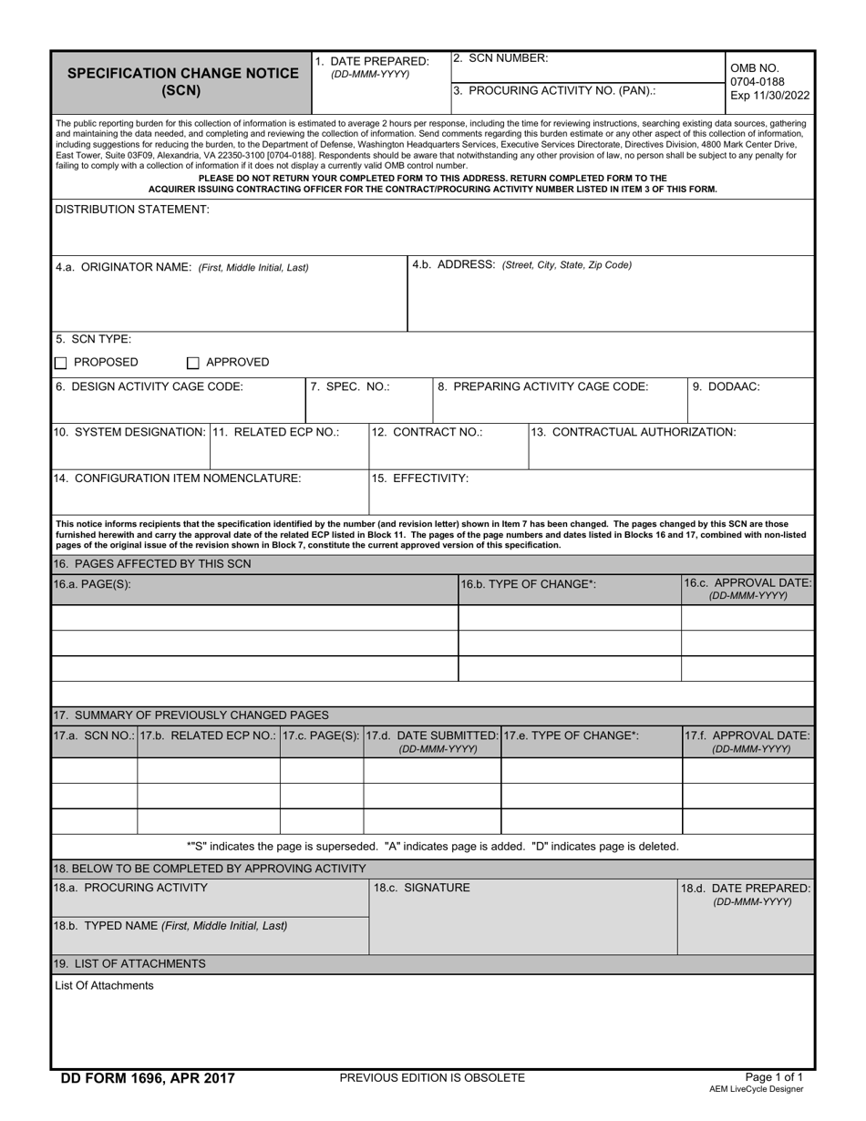 DD Form 1696 Specification Change Notice (Scn), Page 1