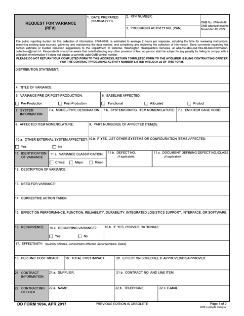 DD Form 1694 Request for Variance (Rfv)