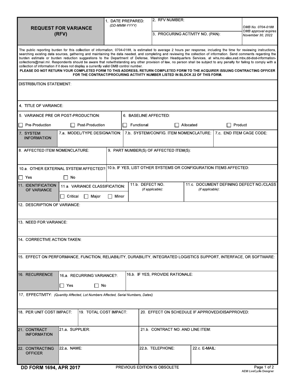 DD Form 1694 Download Fillable PDF or Fill Online Request for Variance ...