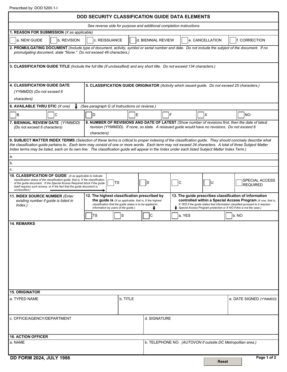 DD Form 2024 DoD Security Classification Guide Data Elements, Page 1