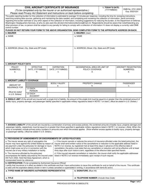 DD Form 2400 Download Fillable PDF or Fill Online Civil Aircraft ...