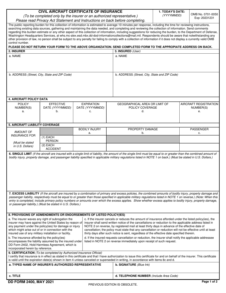 DD Form 2400 Download Fillable PDF or Fill Online Civil Aircraft ...