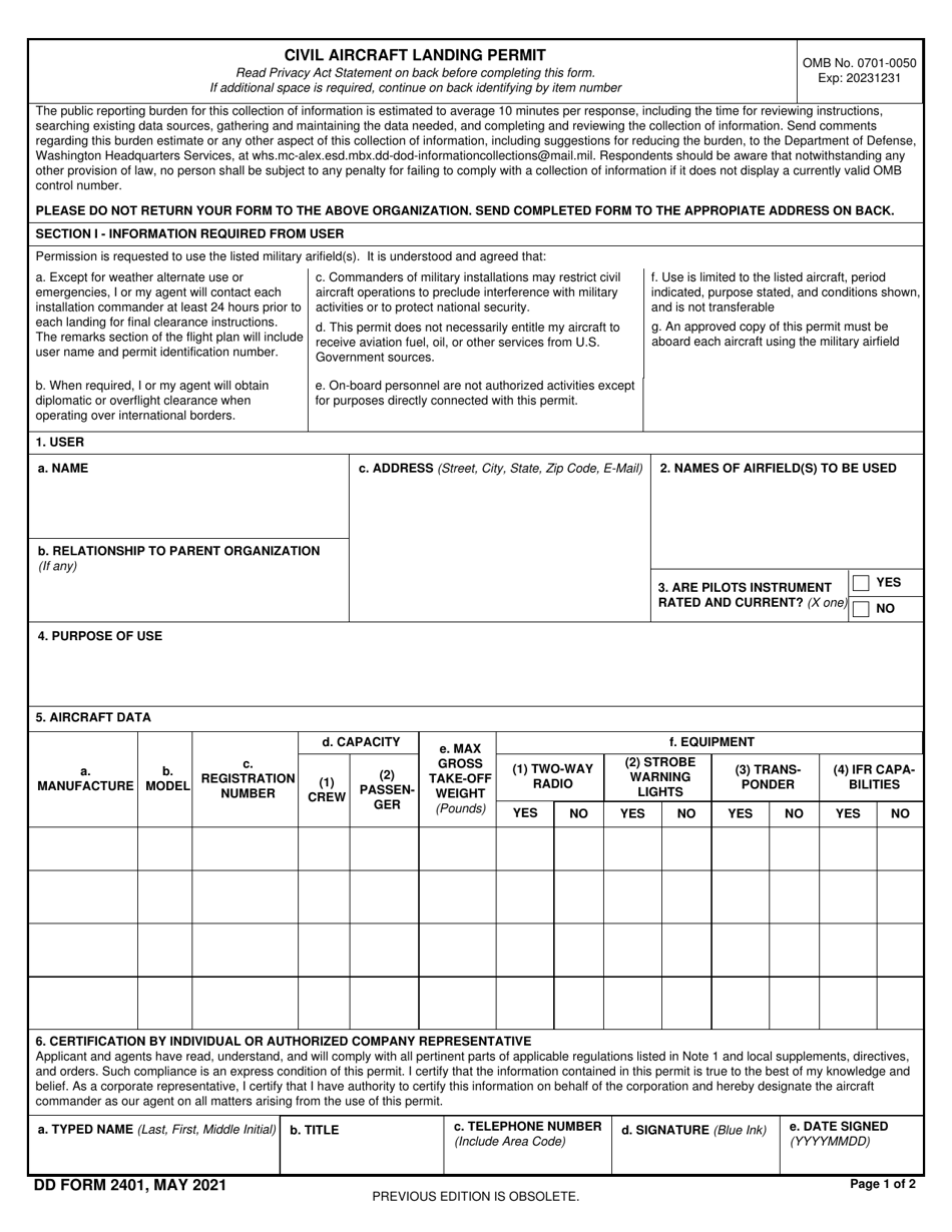 DD Form 2401 Download Fillable PDF or Fill Online Civil Aircraft ...