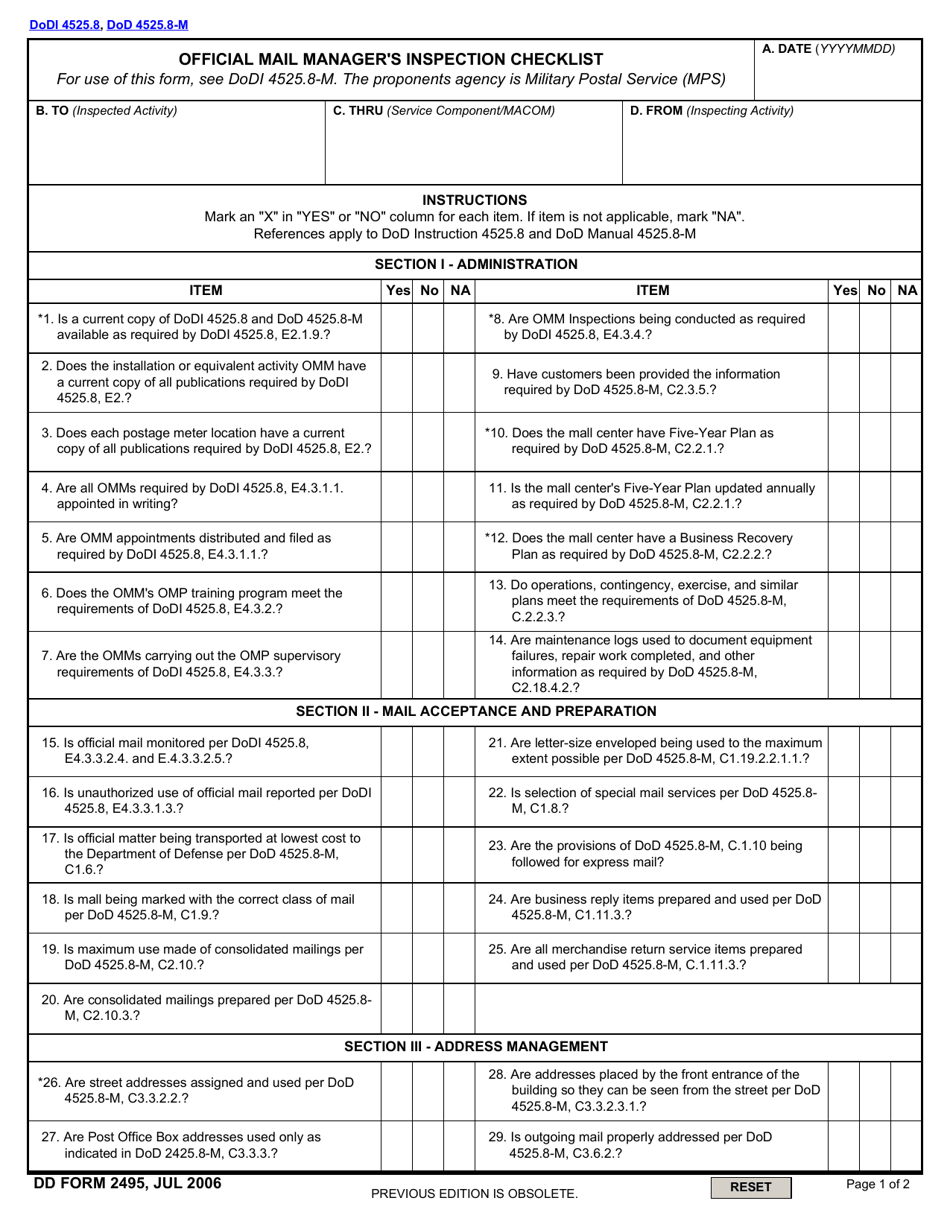 DD Form 2495 Official Mail Managers Inspection Checklist, Page 1