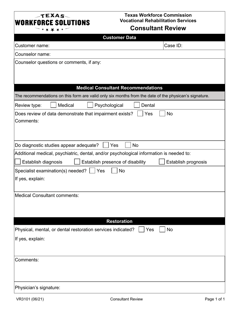 Form VR3101 Consultant Review - Texas, Page 1