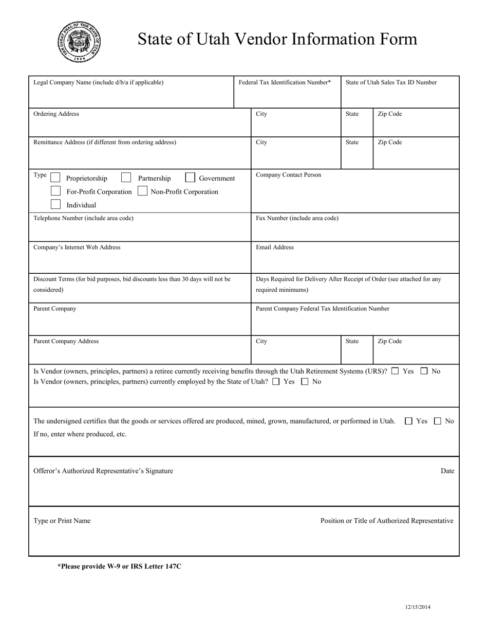 State of Utah Vendor Information Form - Utah, Page 1