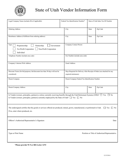 State of Utah Vendor Information Form - Utah