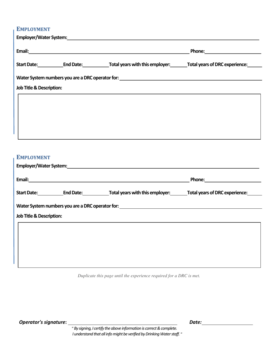 Direct Responsible Charge Operator (Drc) Application - Utah, Page 2