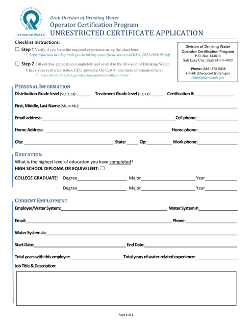 Unrestricted Certificate Application - Utah Download Pdf