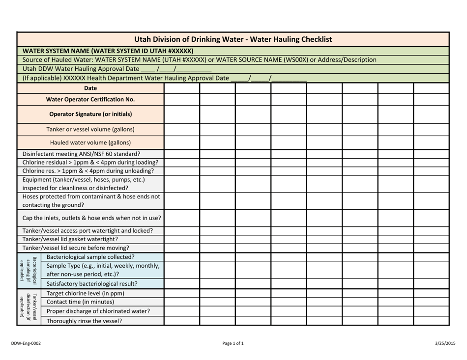Form DDW-Eng-0002 Water Hauling Checklist - Utah, Page 1