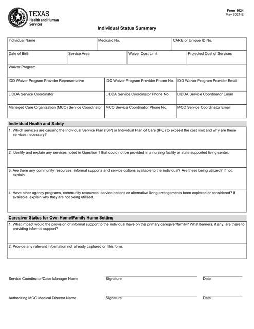 Form 1024 Individual Status Summary - Texas