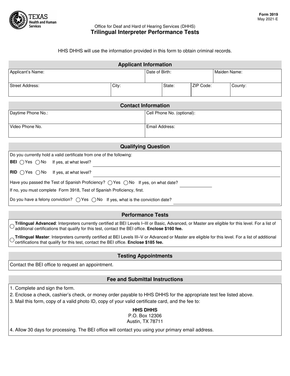 Form 3919 Trilingual Interpreter Performance Tests - Texas, Page 1