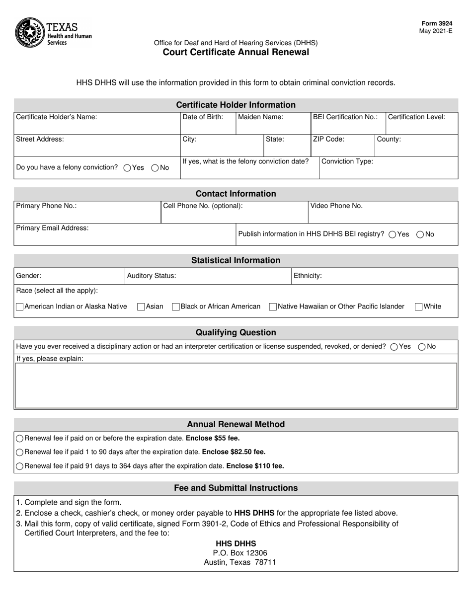 Form 3924 Court Certificate Annual Renewal - Texas, Page 1