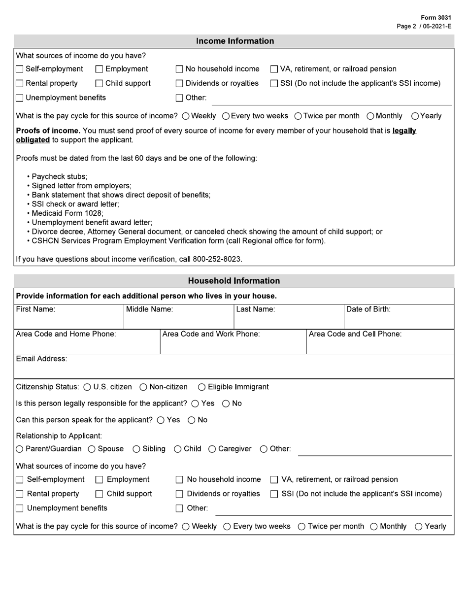 Form 3031 Children With Special Health Care Needs (Cshcn) Program Application - Texas, Page 2