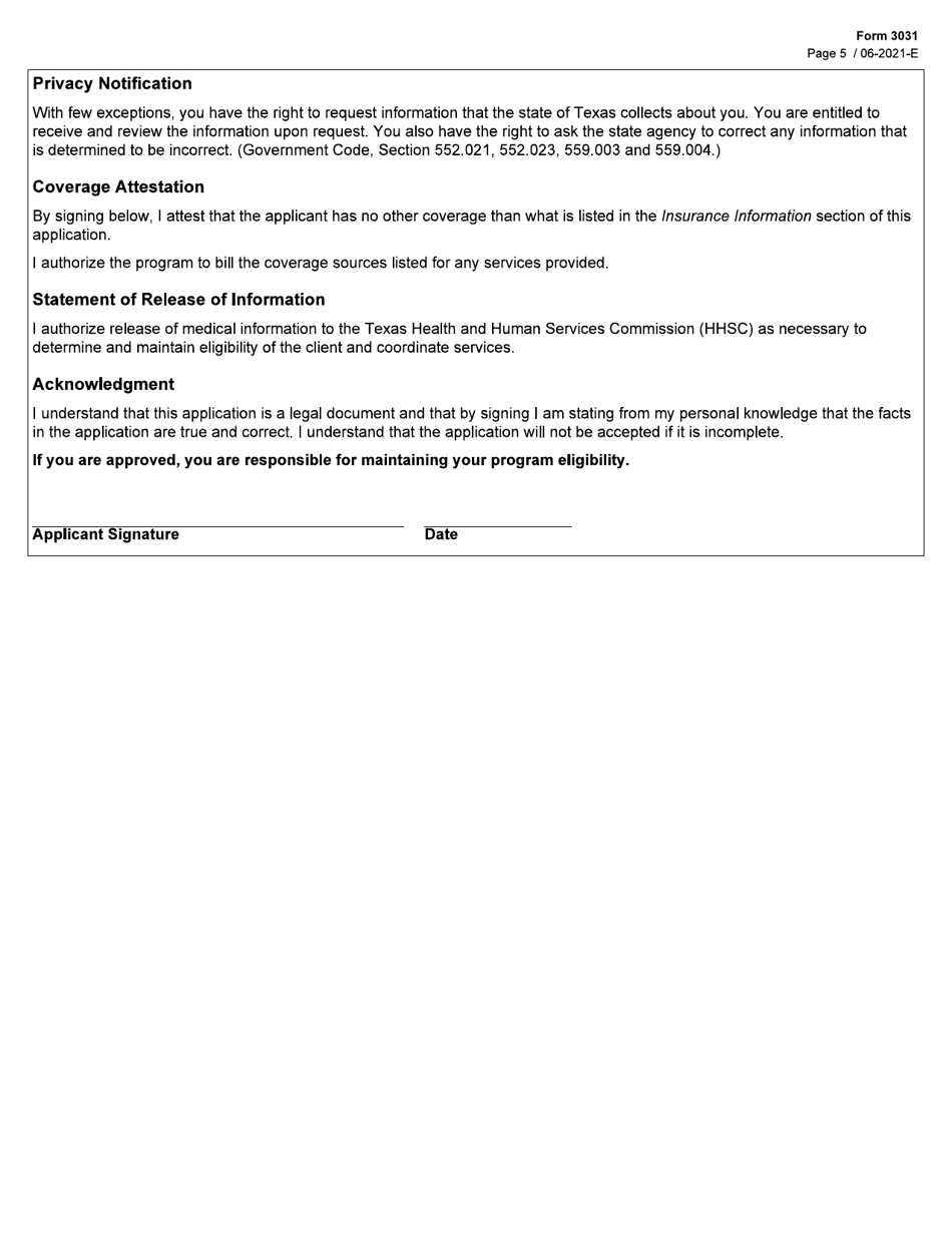 Form 3031 Children With Special Health Care Needs (Cshcn) Program Application - Texas, Page 5