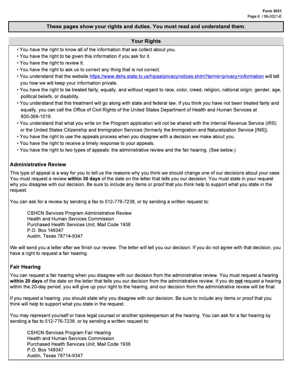 Form 3031 Children With Special Health Care Needs (Cshcn) Program Application - Texas, Page 6