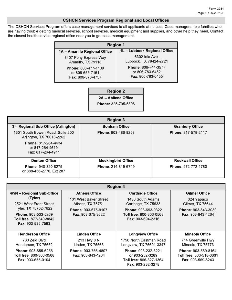 Form 3031 Children With Special Health Care Needs (Cshcn) Program Application - Texas, Page 8