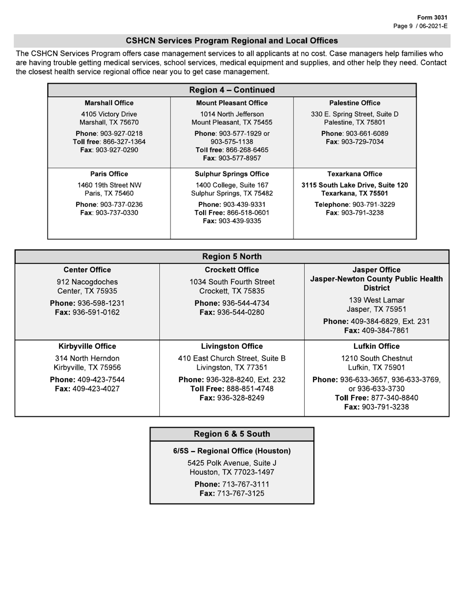 Form 3031 Children With Special Health Care Needs (Cshcn) Program Application - Texas, Page 9
