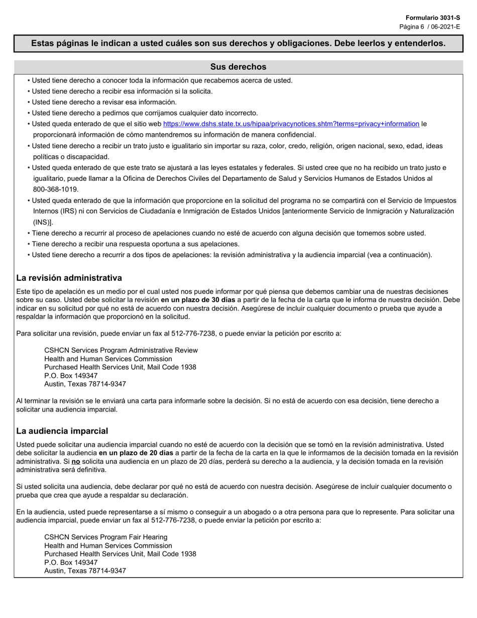 Formulario 3031-S Solicitud De Beneficios Del Programa Para Ninos Con Necesidades Medicas Especiales (Cshcn) - Texas (Spanish), Page 6