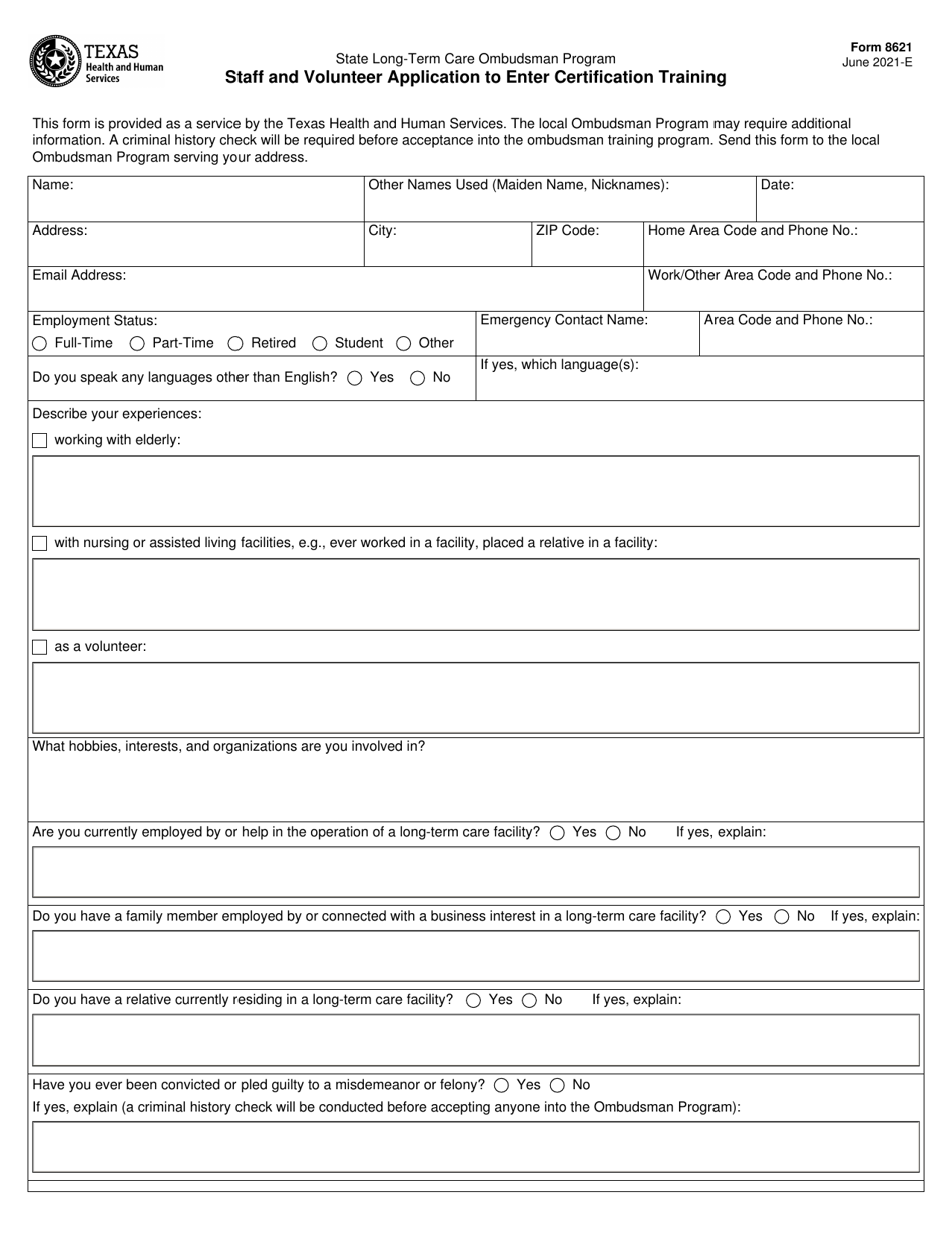 Form 8621 Staff and Volunteer Application to Enter Certification Training - Texas, Page 1