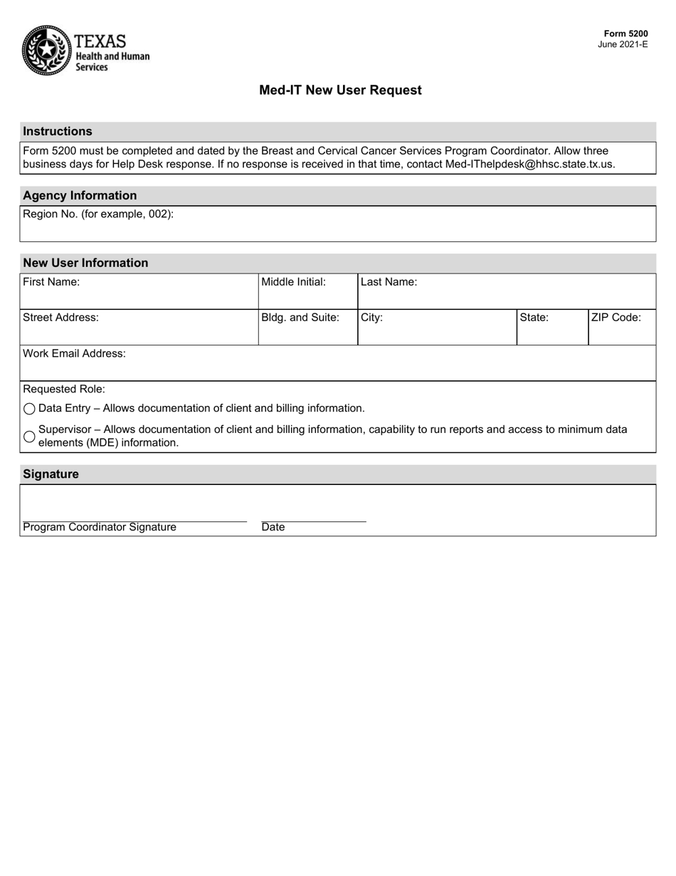 Form 5200 Med-It New User Request - Texas, Page 1
