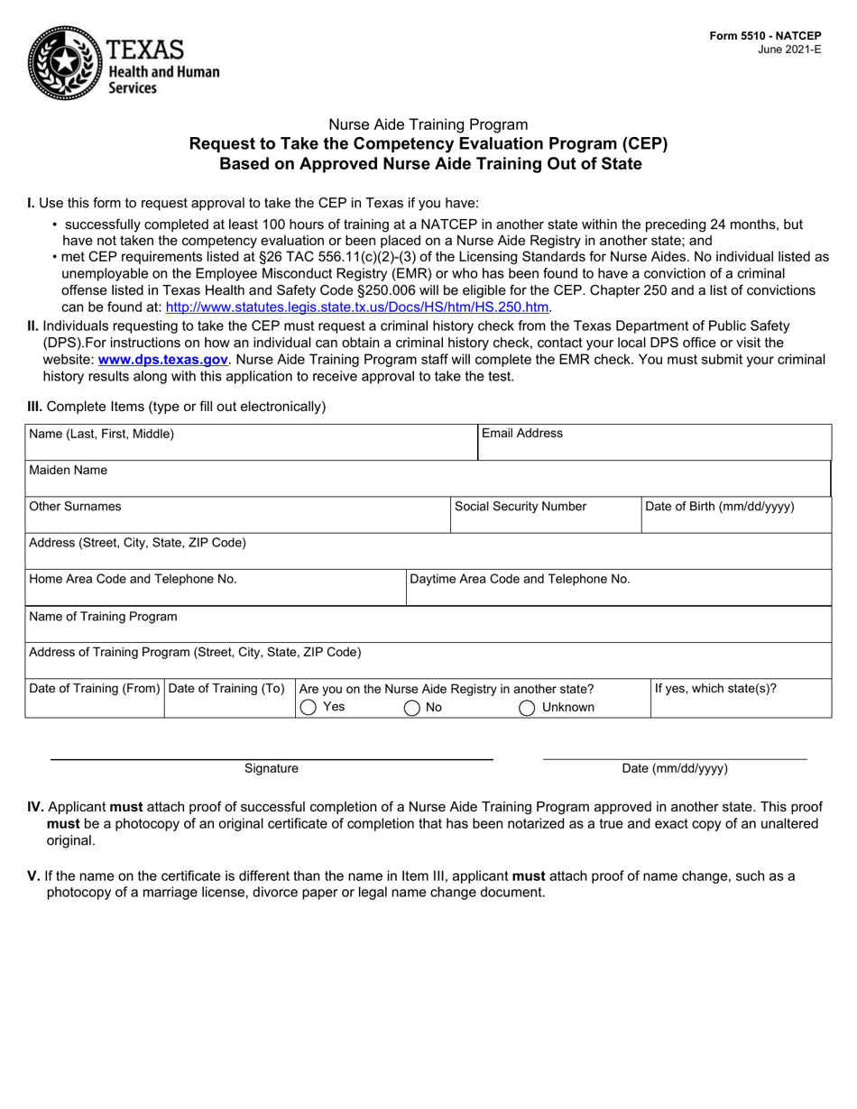 Form 5510 - NATCEP Request to Take the Competency Evaluation Program (Cep) Based on Approved Nurse Aide Training out of State - Texas, Page 1