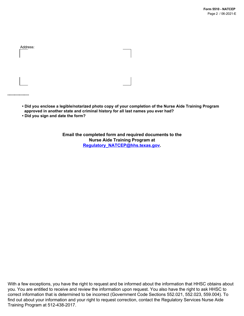 Form 5510 - NATCEP Request to Take the Competency Evaluation Program (Cep) Based on Approved Nurse Aide Training out of State - Texas, Page 2
