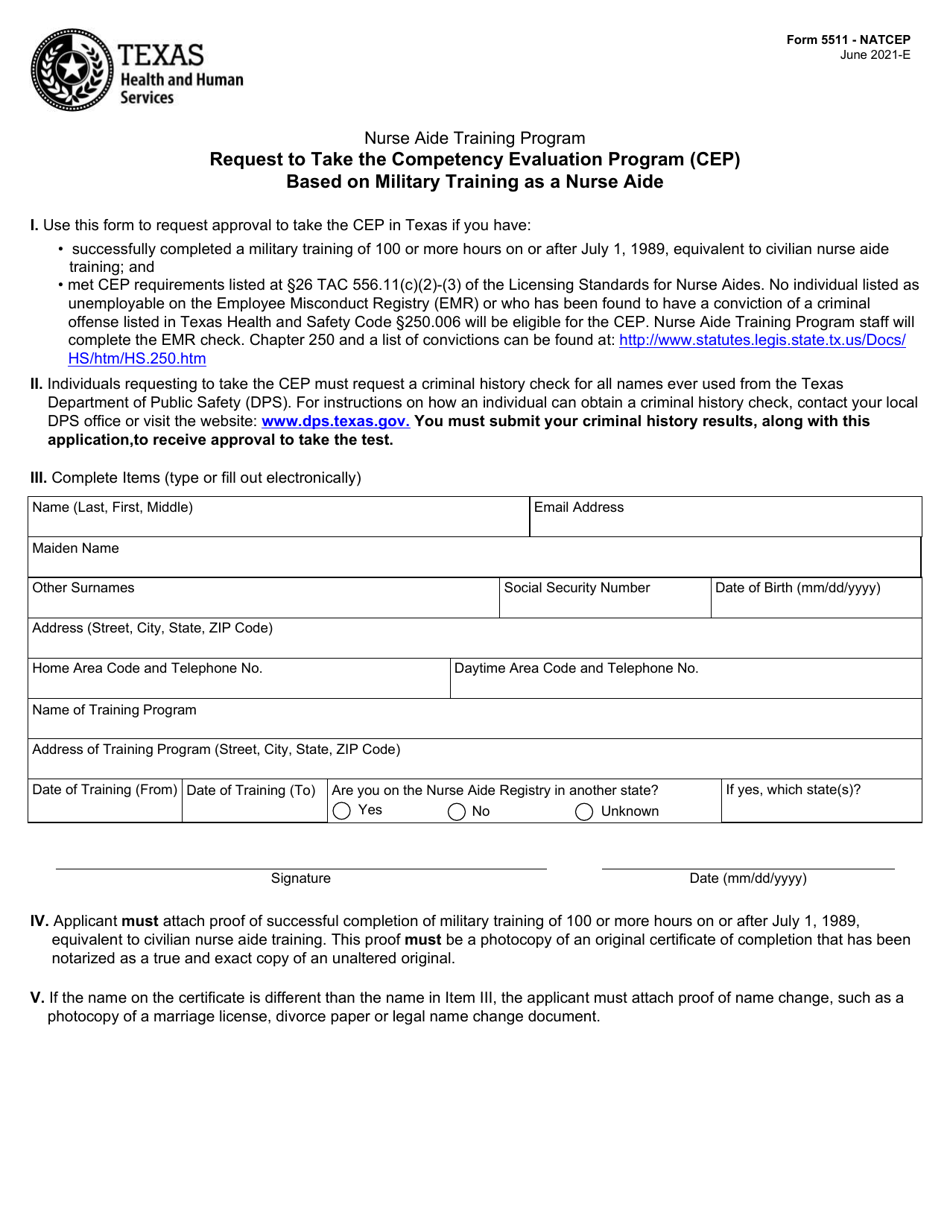 Form 5511 - NATCEP Request to Take the Competency Evaluation Program (Cep) Based on Military Training as a Nurse Aide - Texas, Page 1