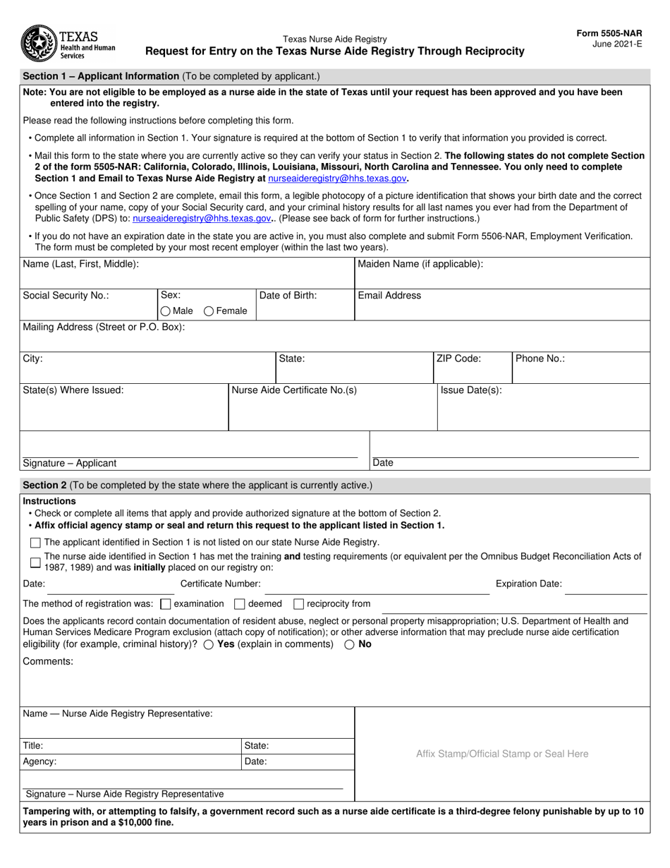 Form 5505-NAR Download Fillable PDF Or Fill Online Request For Entry On ...