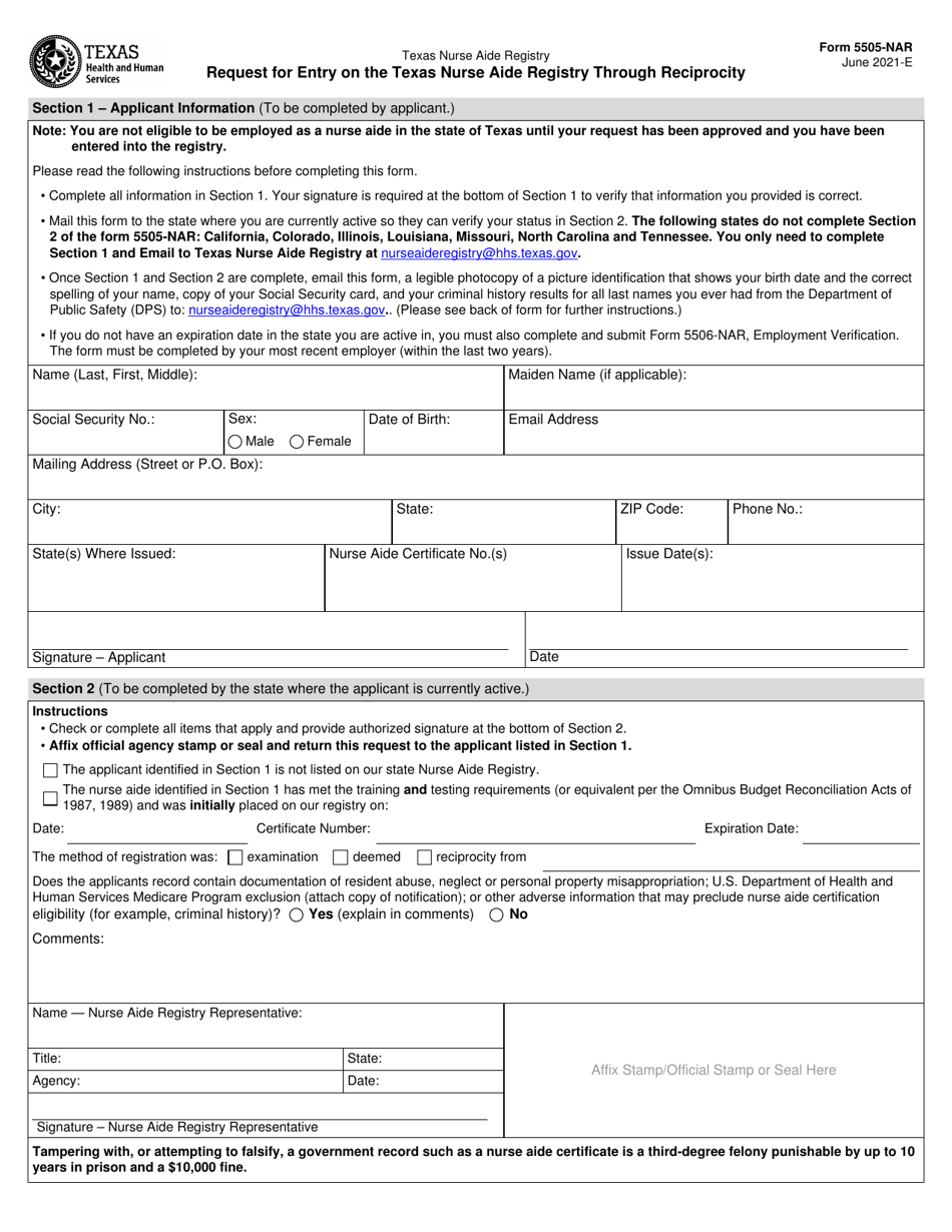 Form 5505-NAR Request for Entry on the Texas Nurse Aide Registry Through Reciprocity - Texas, Page 1