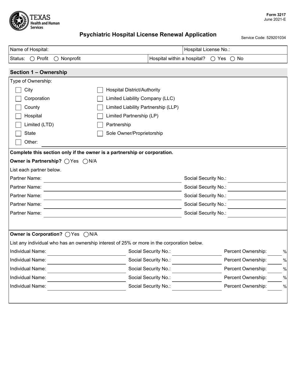 Form 3217 Psychiatric Hospital License Renewal Application - Texas, Page 1