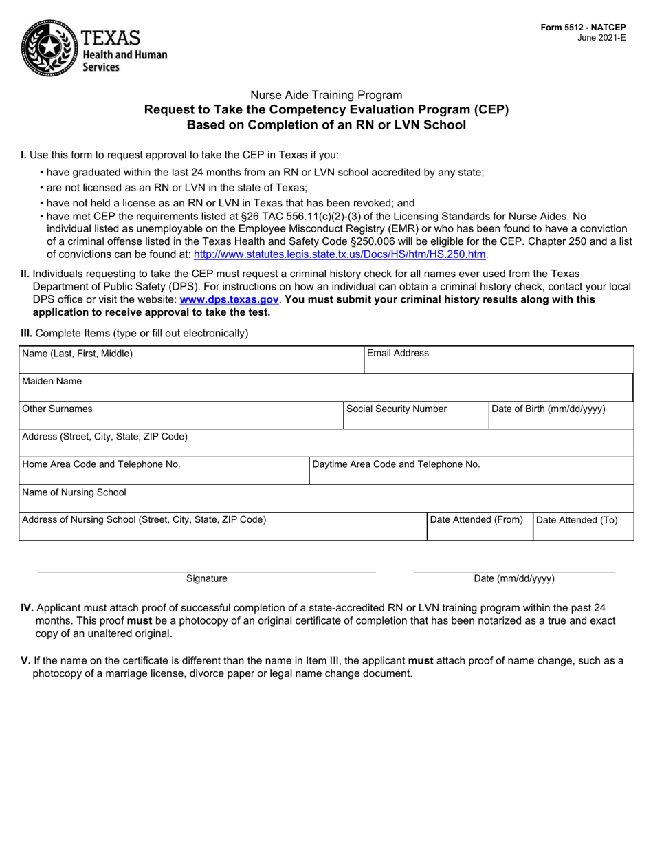 Form 5512 - NATCEP Request to Take the Competency Evaluation Program (Cep) Based on Completion of an Rn or Lvn School - Texas, Page 1