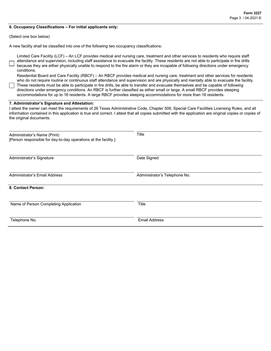 Form 3227 Special Care Facility License Application - Texas, Page 3