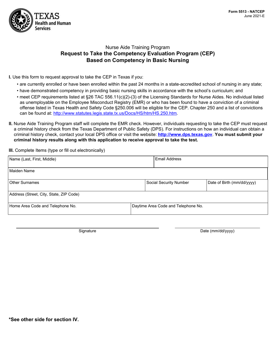Form 5513 - NATCEP Request to Take the Competency Evaluation Program (Cep) Based on Competency in Basic Nursing - Texas, Page 1
