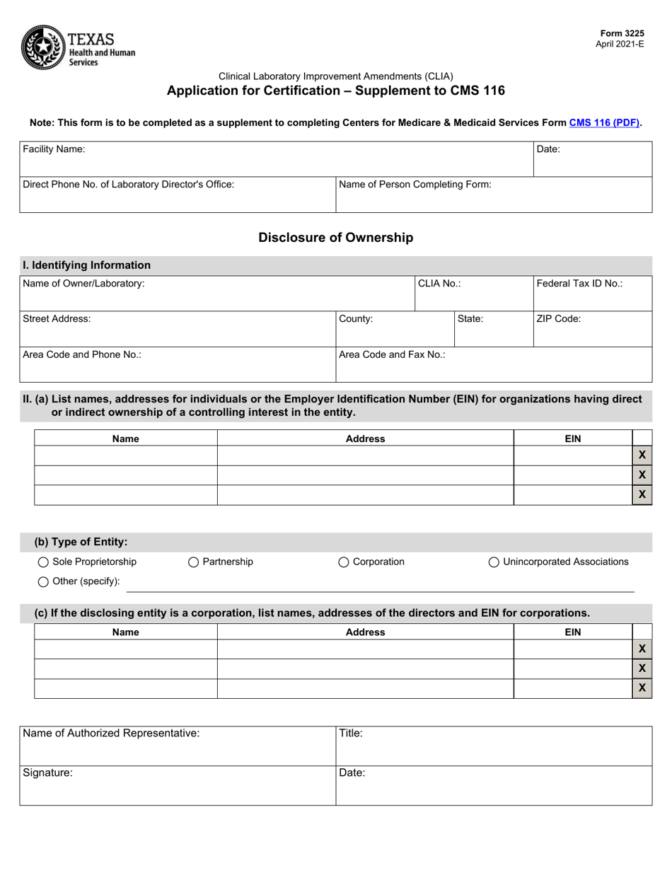 Form 3225 Application for Certification - Supplement to Cms 116 - Texas, Page 1