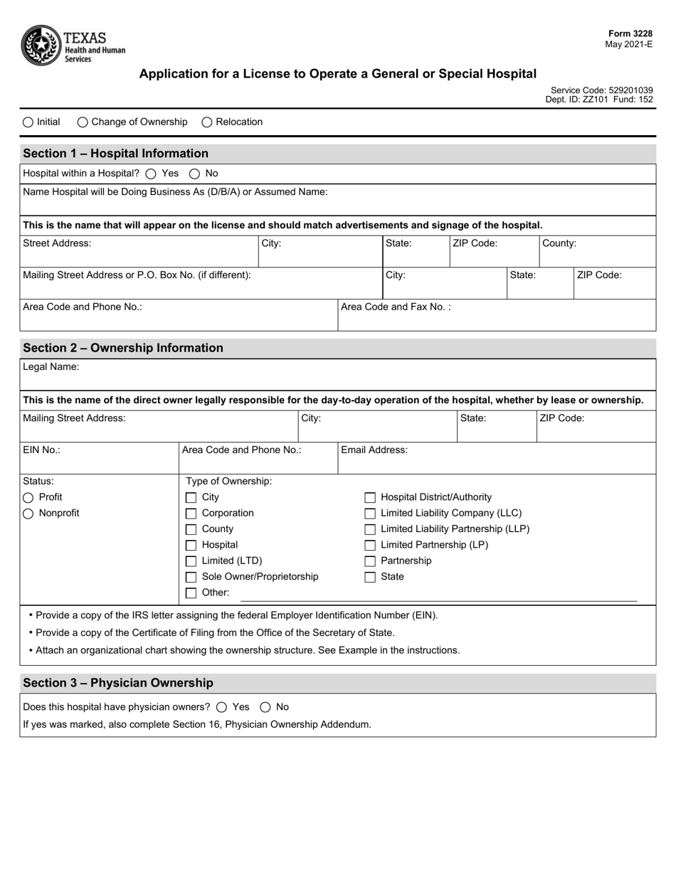 Form 3228 Application for a License to Operate a General or Special Hospital - Texas, Page 1