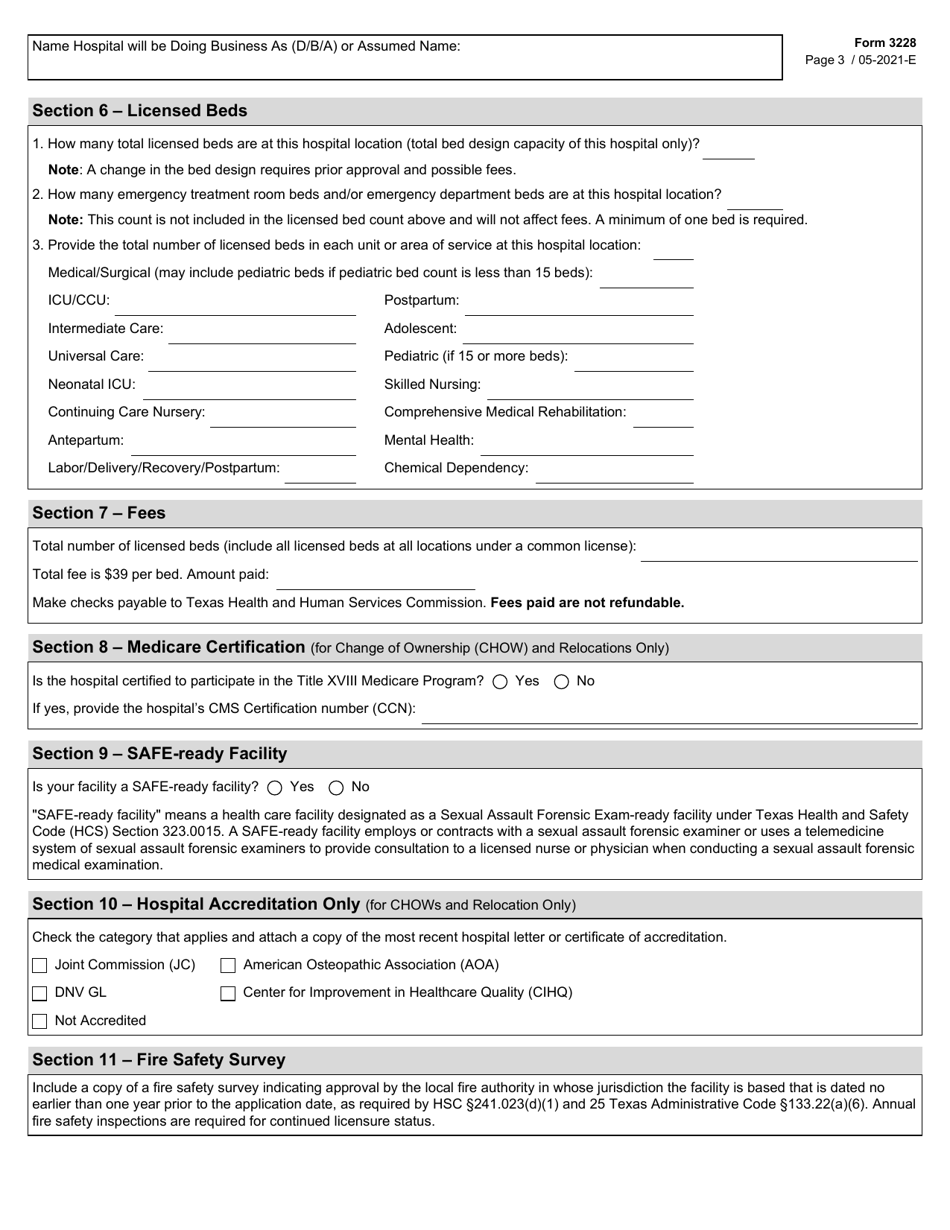 Form 3228 Application for a License to Operate a General or Special Hospital - Texas, Page 3