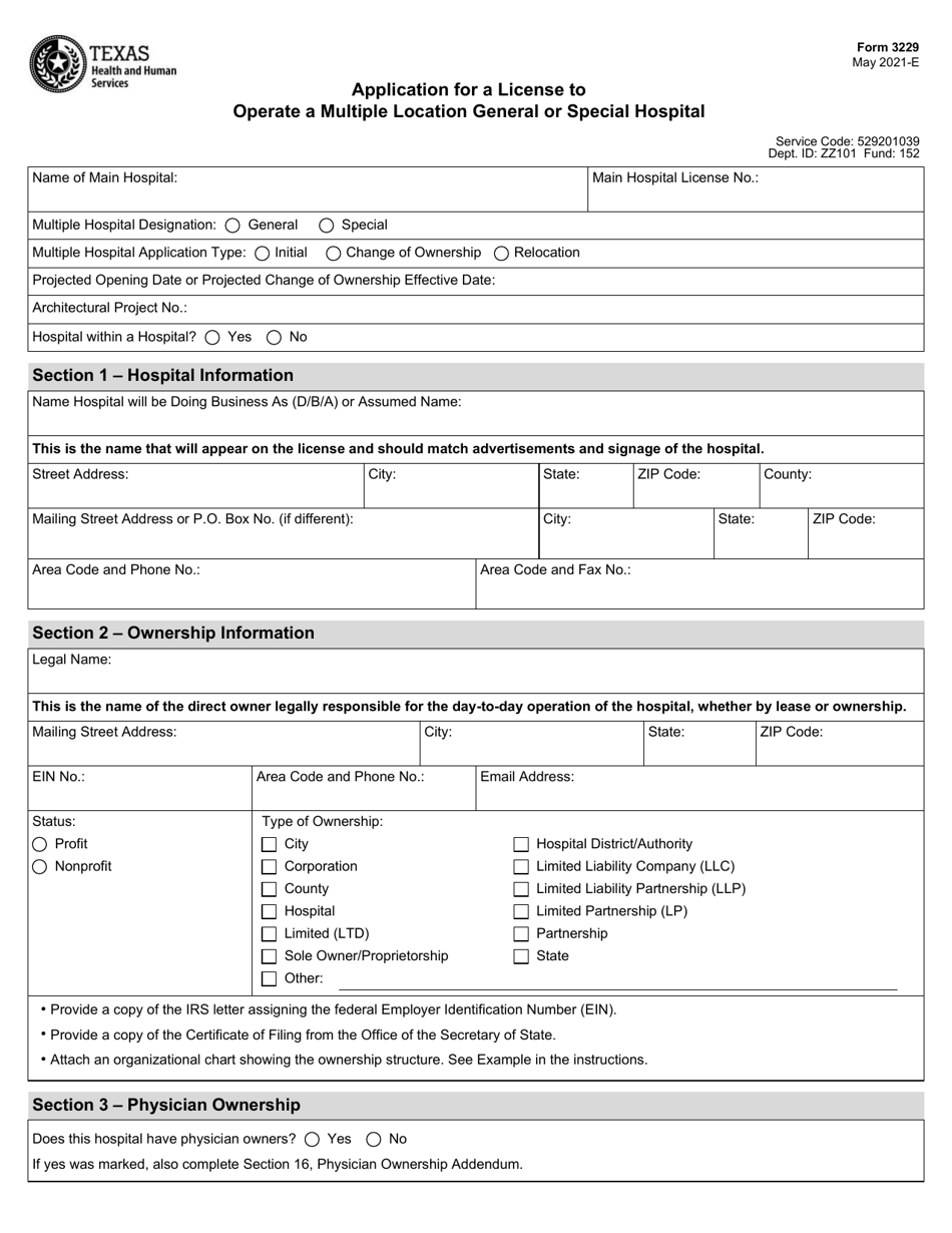 Form 3229 Application for a License to Operate a Multiple Location General or Special Hospital - Texas, Page 1