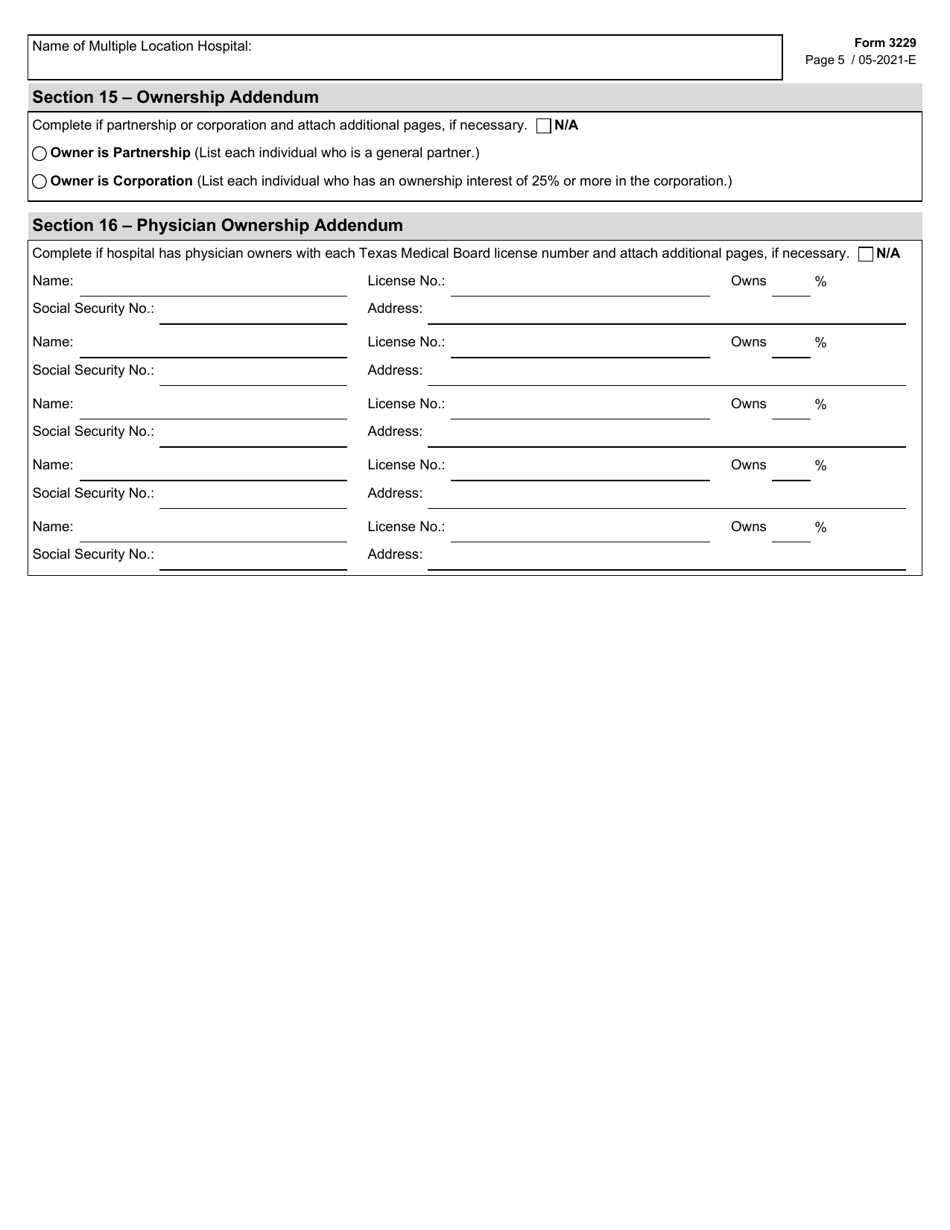 Form 3229 Application for a License to Operate a Multiple Location General or Special Hospital - Texas, Page 5