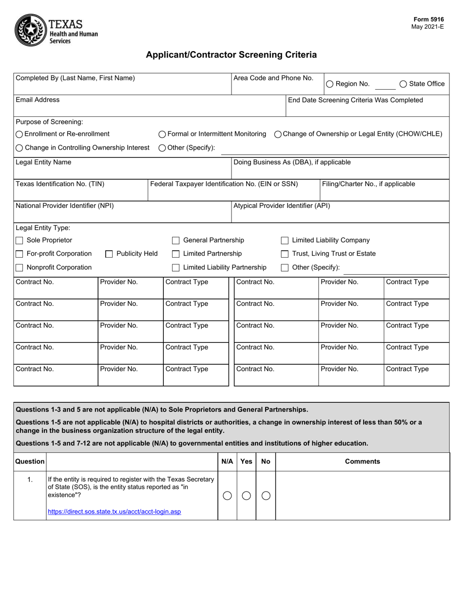 Form 5916 Applicant / Contractor Screening Criteria - Texas, Page 1
