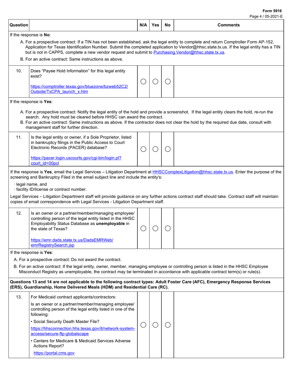 Form 5916 Applicant / Contractor Screening Criteria - Texas, Page 4
