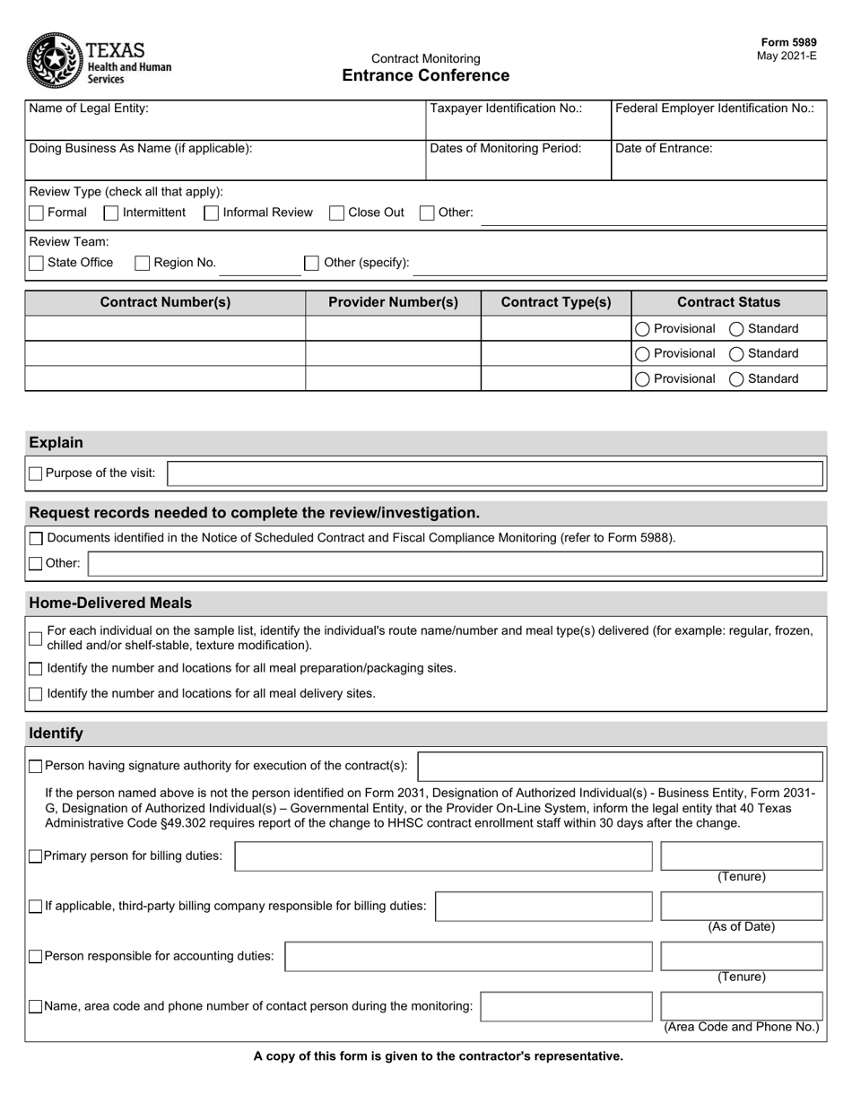 Form 5989 Contract Monitoring Entrance Conference - Texas, Page 1