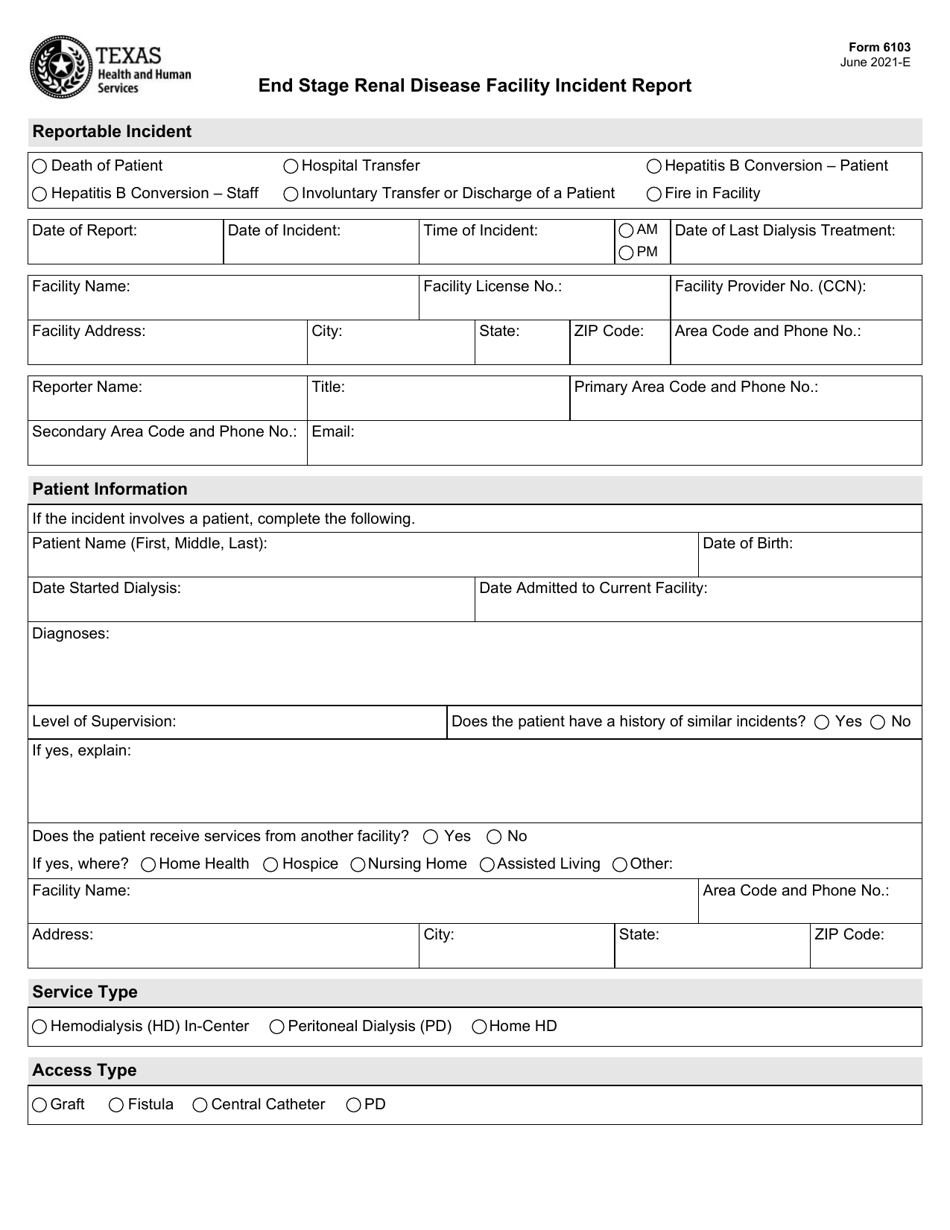 Form 6103 End Stage Renal Disease Facility Incident Report - Texas, Page 1