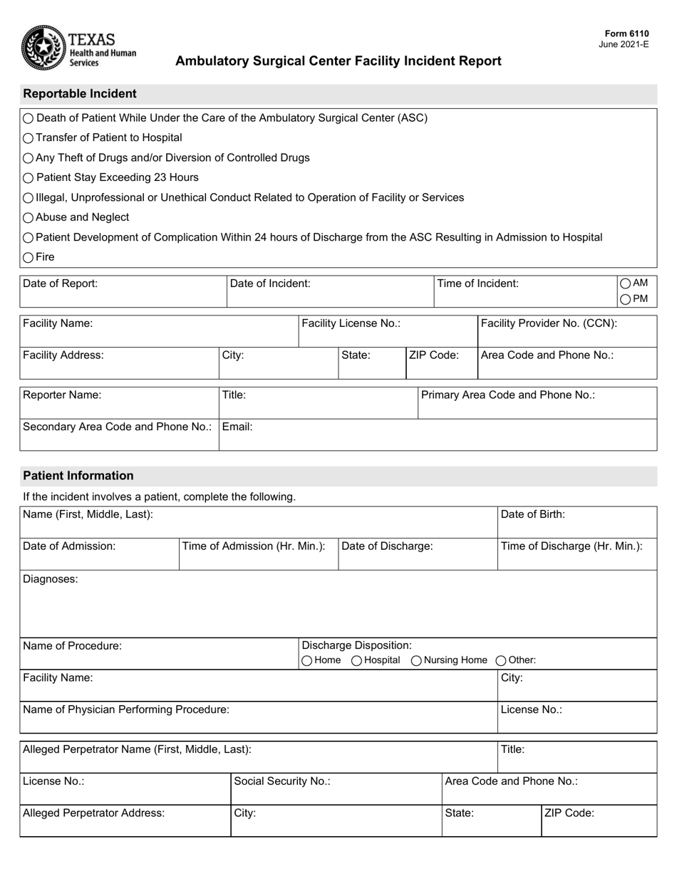 Form 6110 Ambulatory Surgical Center Facility Incident Report - Texas, Page 1