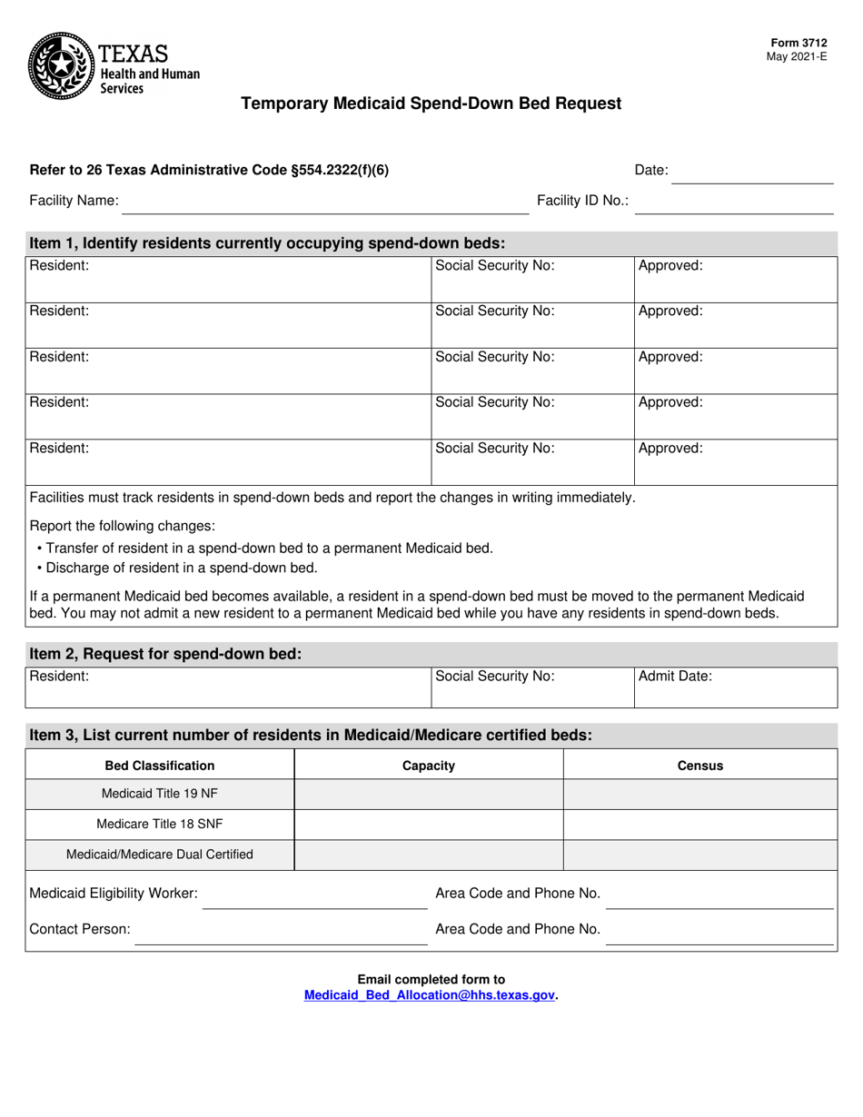 Form 3712 Temporary Medicaid Spend-Down Bed Request - Texas, Page 1