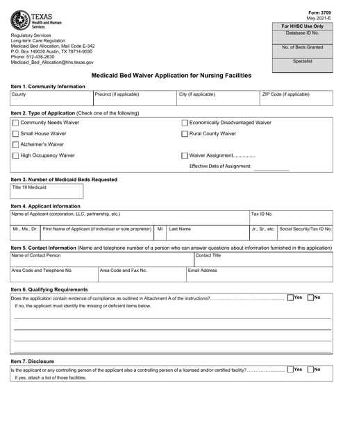 Form 3709 Medicaid Bed Waiver Application for Nursing Facilities - Texas