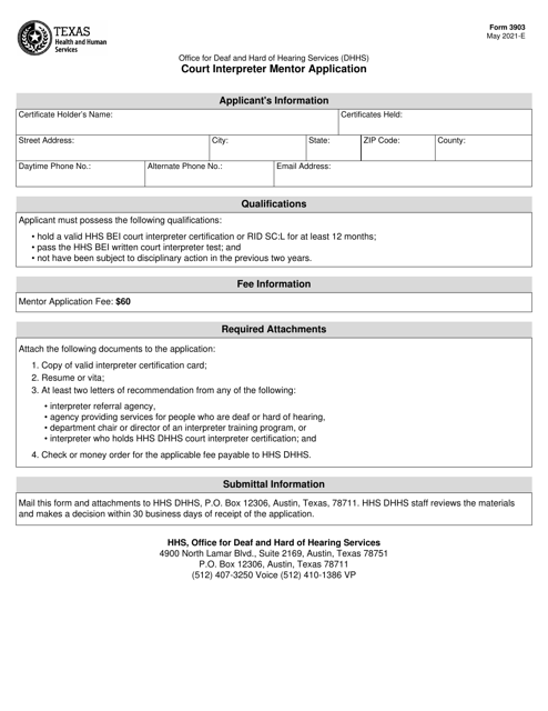 Form 3903 Court Interpreter Mentor Application - Texas